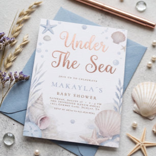 Invitación Ducha de Bebé Caracola Bajo el Mar en Rosa Dorado