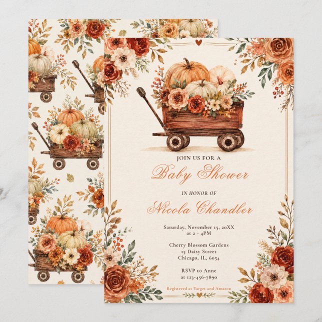 Invitación Ducha de Bebé Carro de Otoño (Anverso / Reverso)