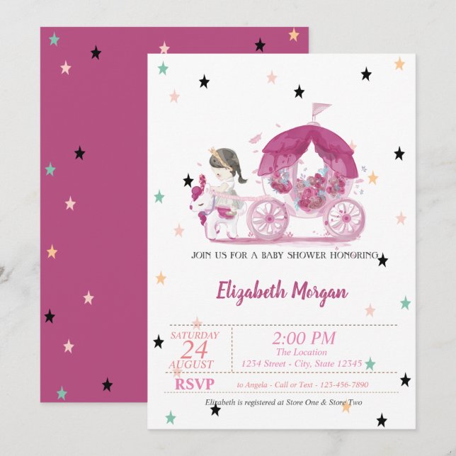 Invitación Ducha de Bebé Carruaje, Estrellas, Princesa (Anverso / Reverso)