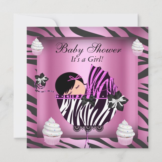 Invitación Ducha de bebé cebra Bebé niña Cupcake rosa (Anverso)