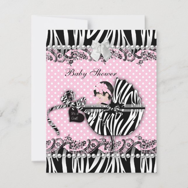 Invitación Ducha de Bebé Cebra Bebé Niña Lindo Punto Rosa (Anverso)