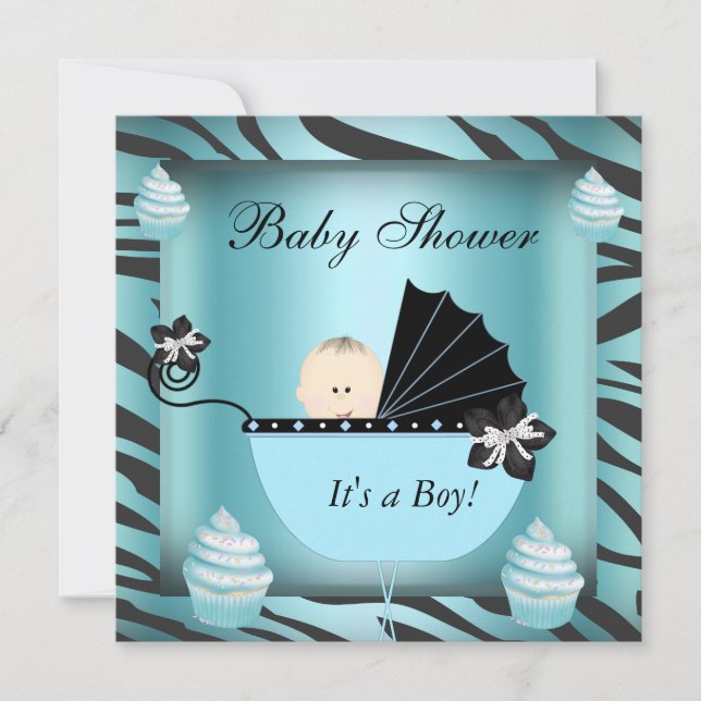 Invitación Ducha de bebé cebra bebé niño Cupcake azul turques (Anverso)
