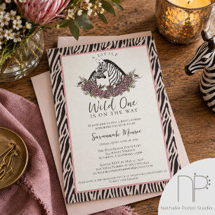 Invitación Ducha de Bebé Cebra Gris Rosa Pálido Pequeña Salva