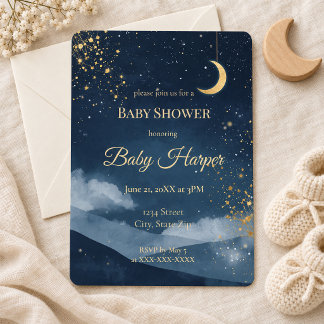 Invitación Ducha de bebé celeste Luna y Estrellas de Oro Azul