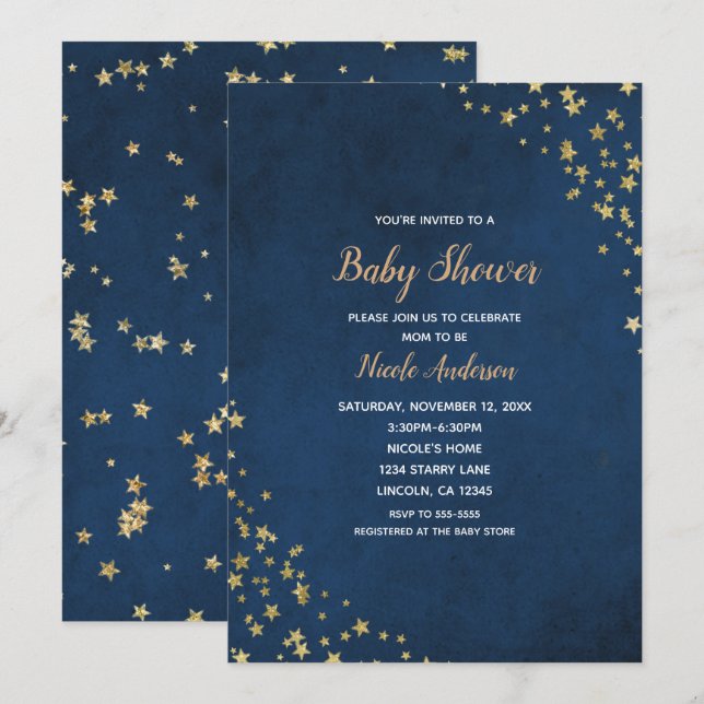 Invitación Ducha de Bebé Celestial con Estrellas Brillantes D (Anverso / Reverso)