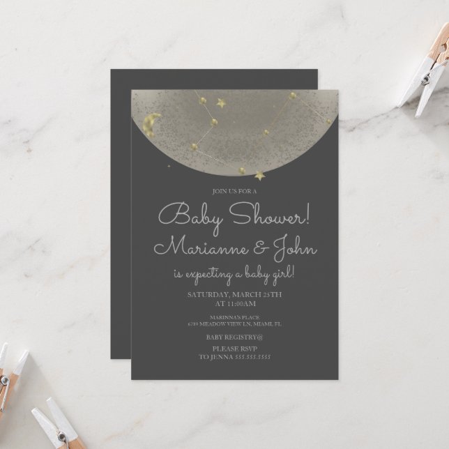 Invitación Ducha de Bebé Celestial Luna Estrellas Falso Oro (Anverso/Reverso In Situ)