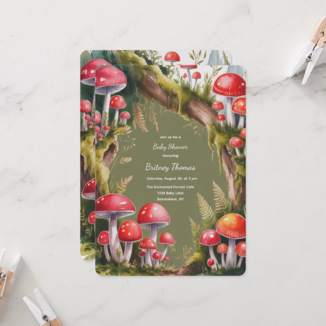 Invitación Ducha de Bebé Champiñón Caprichosa  (Anverso/Reverso In Situ)