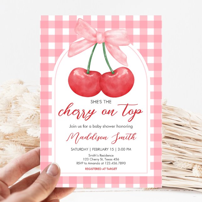 Invitación Ducha de bebé Cherry on Top (Gingham Cherry Baby Shower Invitation)