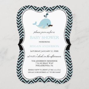 Invitación Ducha de bebé Chevron de ballena con bigote azul