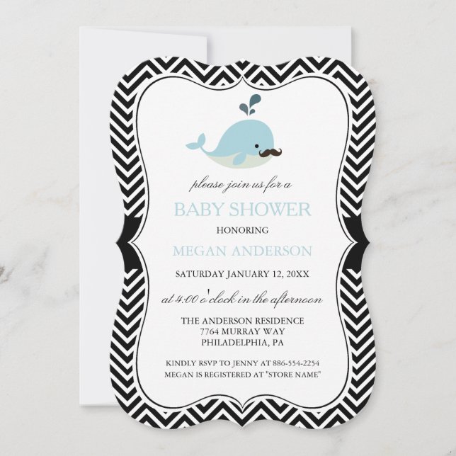 Invitación Ducha de bebé Chevron Niño Ballena Bigote Azul (Anverso)