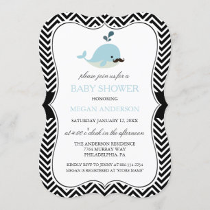 Invitación Ducha de bebé Chevron Niño Ballena Bigote Azul