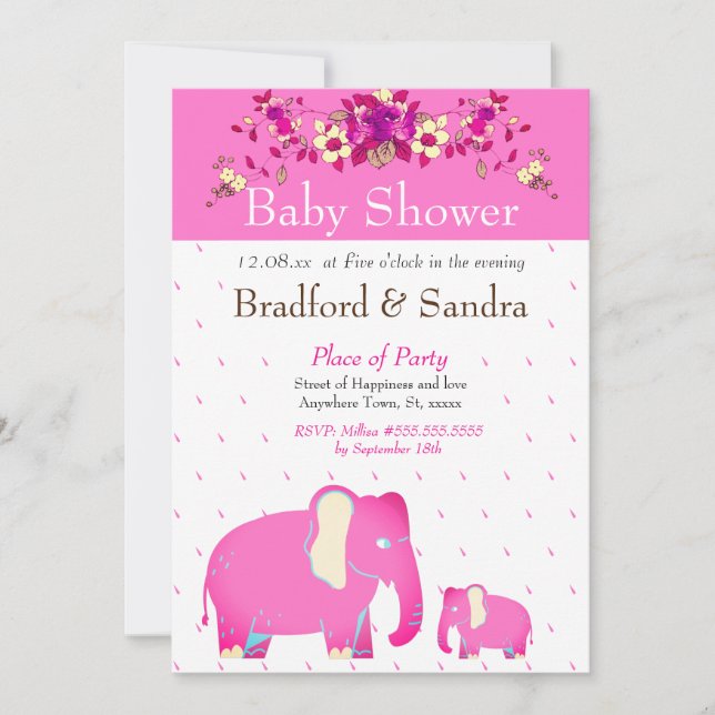 Invitación Ducha de Bebé Chic Simple Floral Elefante Rosa (Anverso)