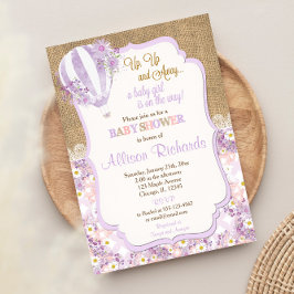 Invitación Ducha de bebé chica de globo aerostático púrpura