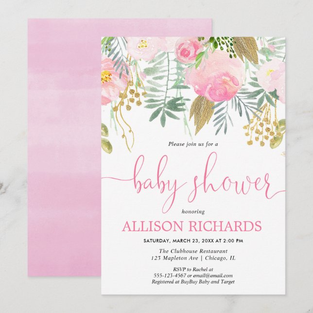 Invitación Ducha de bebé chica de oro rosa primavera verano (Anverso / Reverso)
