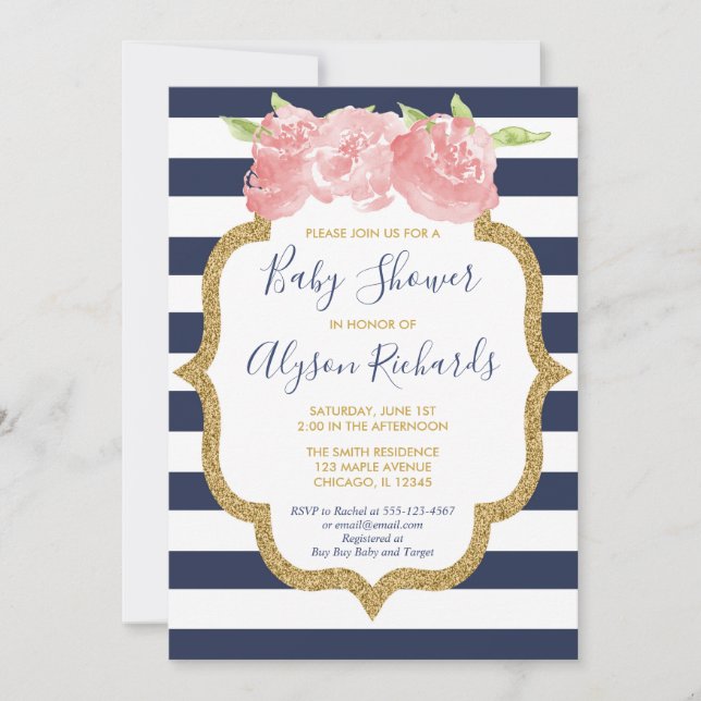 Invitación Ducha de bebé chica floral azul marino y rosa (Anverso)