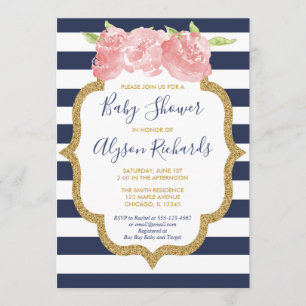 Invitación Ducha de bebé chica floral azul marino y rosa