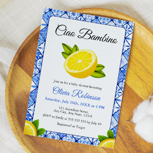 Invitación Ducha de Bebé Ciao Bambino con Azulejos Azules Ita