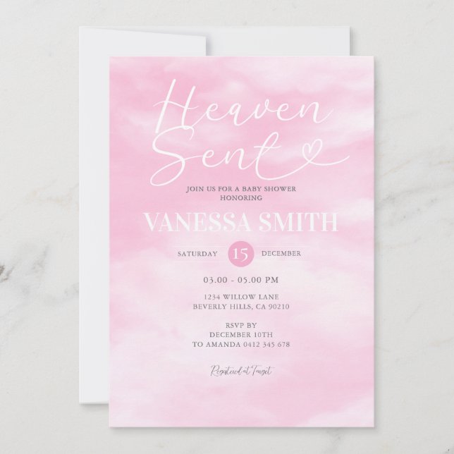 Invitación Ducha de bebé 'Cielo Enviado' Acuarela Rosa (Anverso)