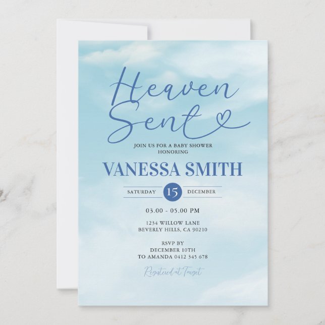 Invitación Ducha de bebé cielo enviado azul acuarela (Anverso)