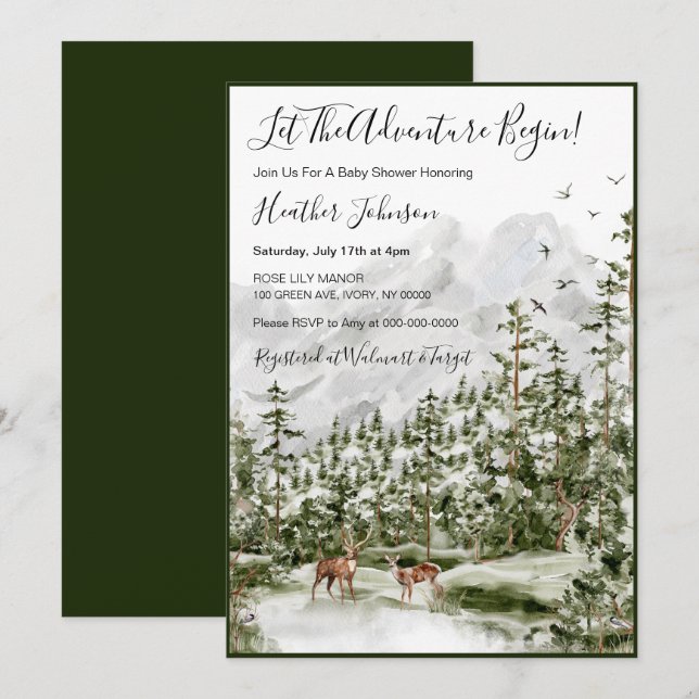 Invitación Ducha de Bebé Ciervo Bosque Acuarela (Anverso / Reverso)