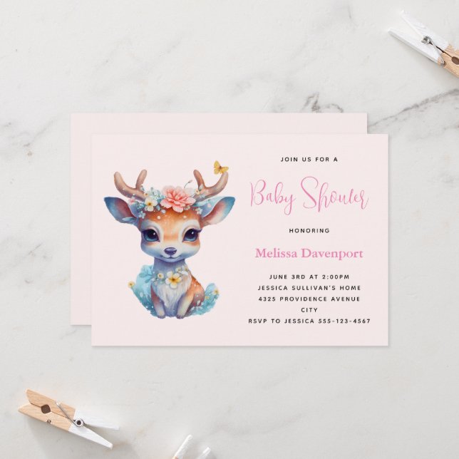 Invitación Ducha de bebé ciervo con cuernos y flores (Anverso/Reverso In Situ)