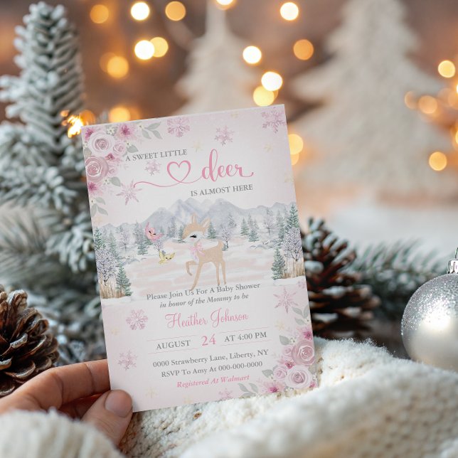 Invitación Ducha de Bebé Ciervo Rosa Copo de Nieve de Inviern (Subido por el creador)