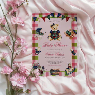 Invitación Ducha de Bebé Clásica de Osito de Felpa a Cuadros 