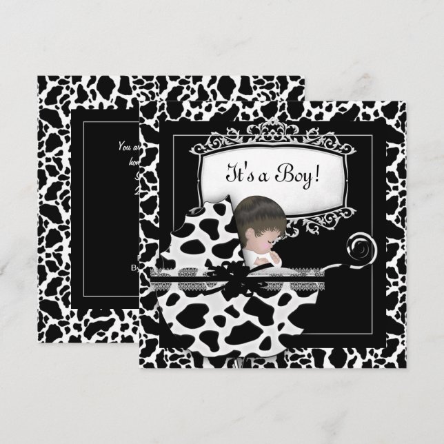 Invitación Ducha de Bebé Cochecito de Bebé Lindo Vaca Negro B (Anverso / Reverso)
