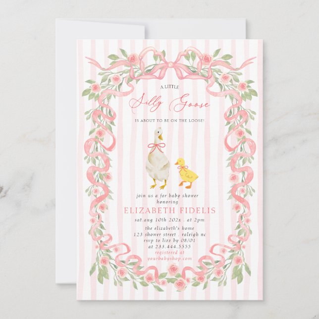Invitación Ducha de Bebé Código QR Floral de Pink Bow Silly G (Anverso)