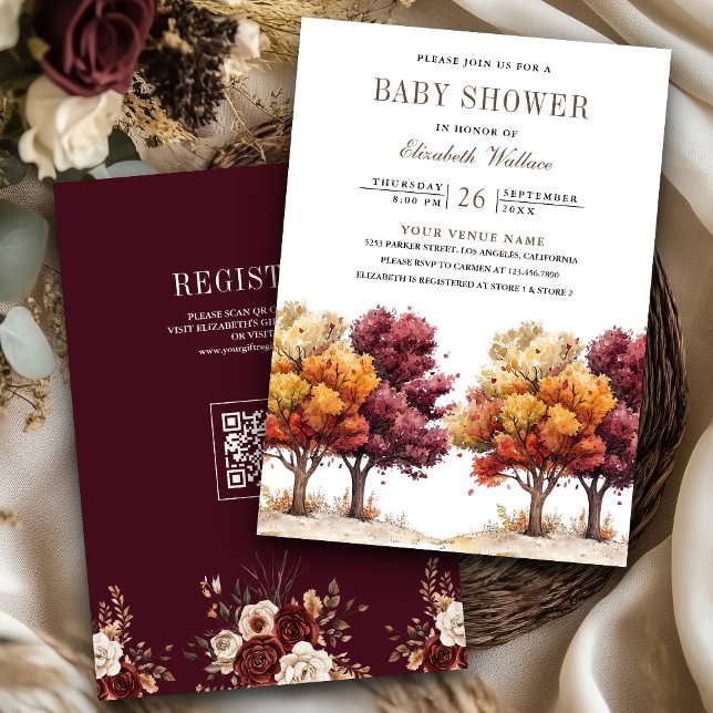 Invitación Ducha de bebé Código QR Otoño Caída Borgoña Árbole (Subido por el creador)