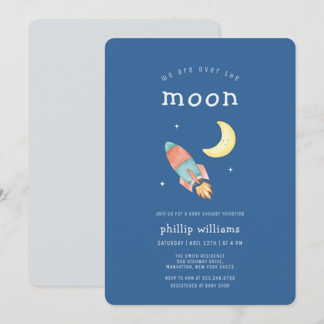 Invitación Ducha de Bebé Cohete Gris Azul Sobre la Luna (Anverso / Reverso)