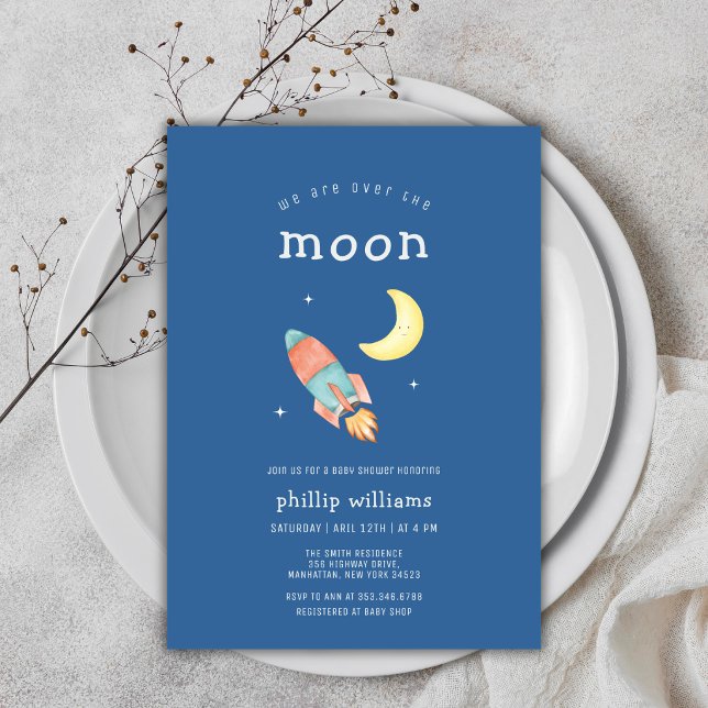 Invitación Ducha de Bebé Cohete Gris Azul Sobre la Luna (Blue Grey Over The Moon Rocket Baby Shower Invitation)