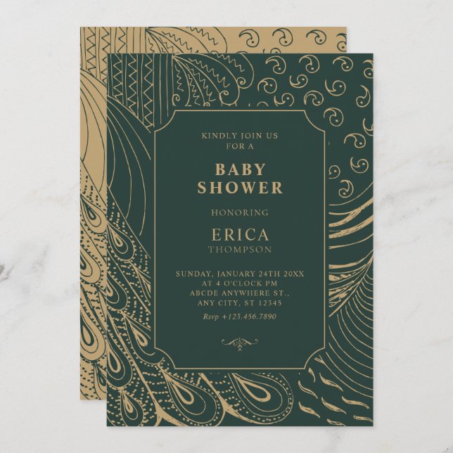 Invitación Ducha de bebé con adornos de época (Anverso / Reverso)