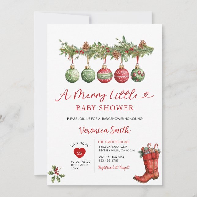 Invitación ducha de bebé con adornos florales de Navidad (Anverso)