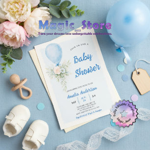Invitación Ducha de Bebé con Aquarela Floral de Globo Azul Pa