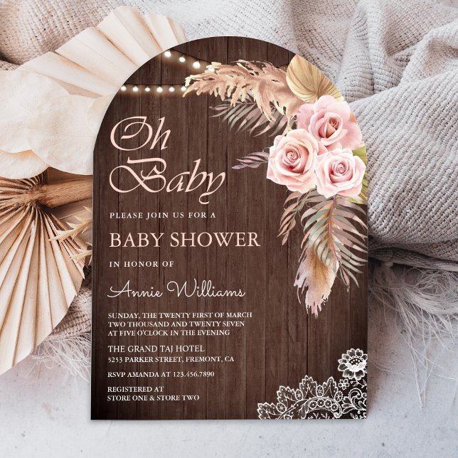 Invitación Ducha de bebé con arco de madera y hierba de Pampa (Subido por el creador)