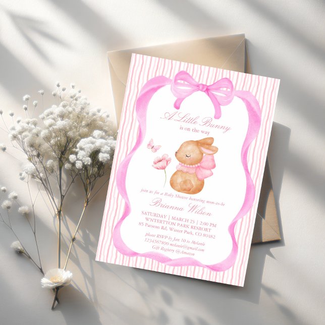 Invitación Ducha de bebé con arco rosa conejo (Cute Bunny pink bow border girls baby shower invitation template instant download)