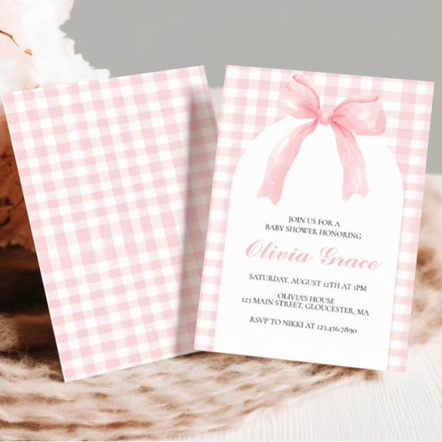 Invitación Ducha de bebé con arco rosa y gingham preppy (Subido por el creador)