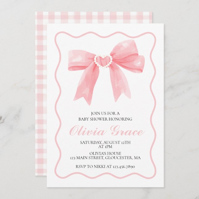 Invitación Ducha de bebé con arco rosa y gingham preppy (Anverso / Reverso)