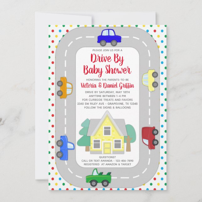 Invitación Ducha de Bebé con Autos y Camiones que Pasan (Anverso)