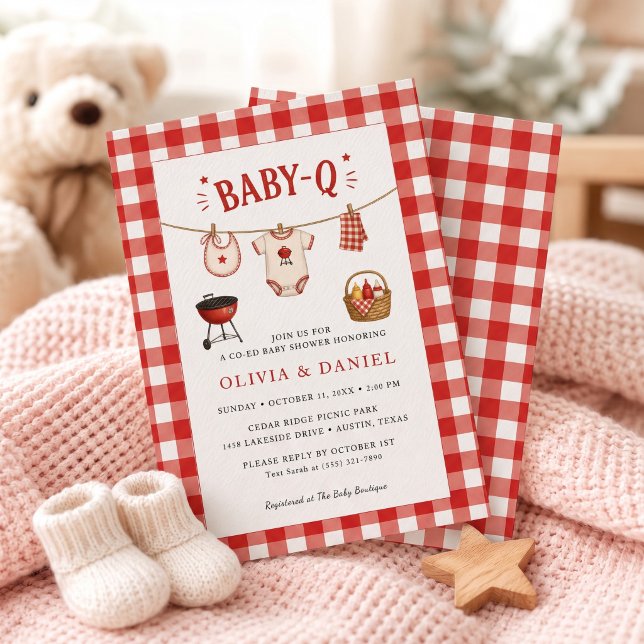 Invitación Ducha de bebé con barbacoa de cuadros rojos rústic (Bbq Baby Shower Rustic Red Gingham Invitation)