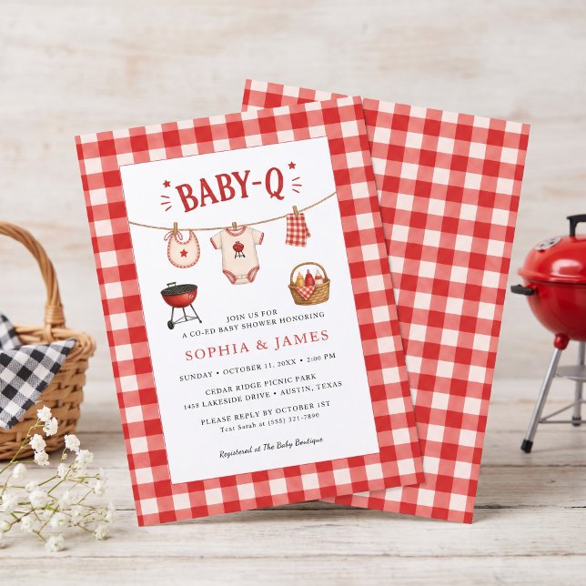 Invitación Ducha de bebé con barbacoa de guinga roja rústica (Bbq Baby Shower Rustic Red Gingham Invitation)