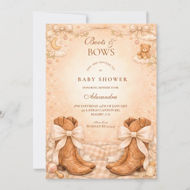 Invitación Ducha de Bebé con Botas y Lazos Gingham (Anverso)
