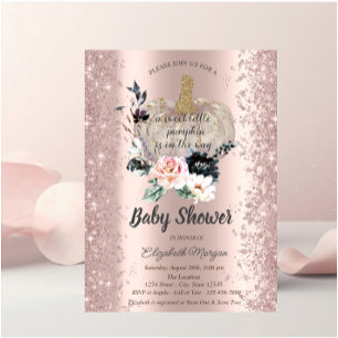 Invitación Ducha de Bebe con Calabaza, Floral y Brillo de Ros
