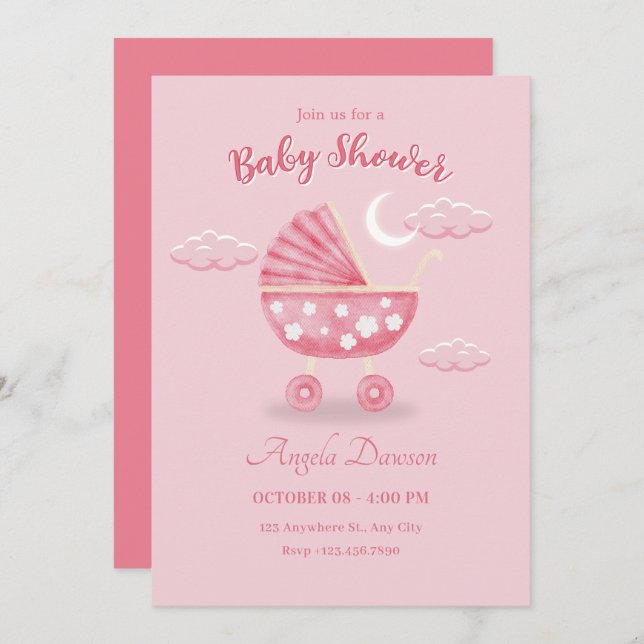 Invitación Ducha de bebé con carro de bebé rosa (Anverso / Reverso)