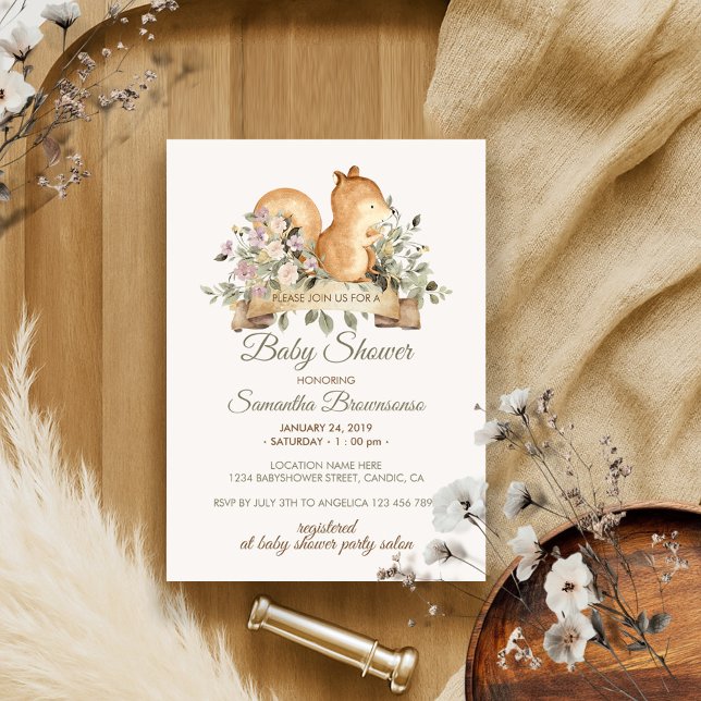 Invitación Ducha de bebé con cinta botánica de ardilla linda (Subido por el creador)