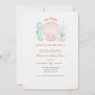 Invitación Ducha de bebé con conchas de perla rosa