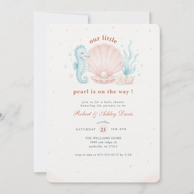 Invitación Ducha de bebé con conchas de perla rosa (Anverso)