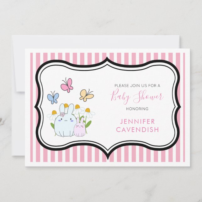 Invitación Ducha de Bebé con conejitos, margaritas y mariposa (Anverso)