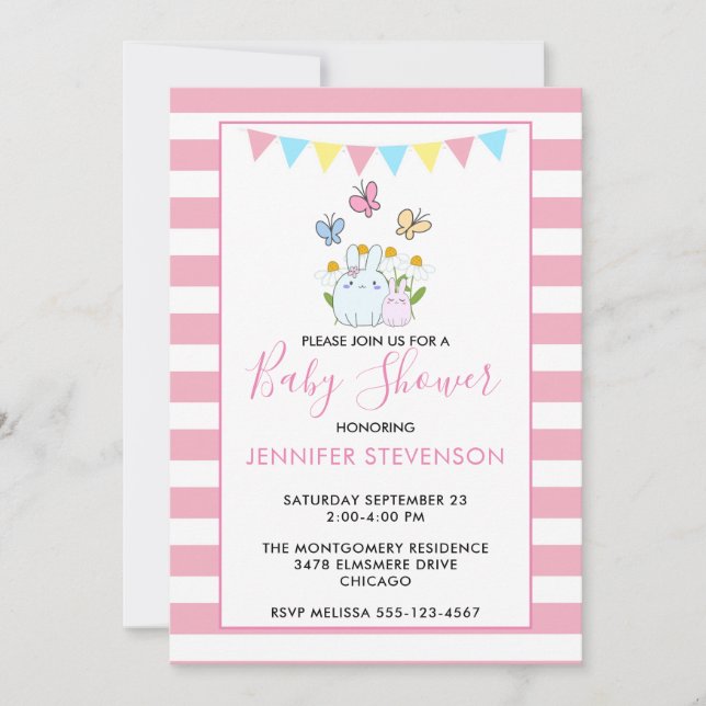 Invitación Ducha de Bebé con conejitos, mariposas y margarita (Anverso)